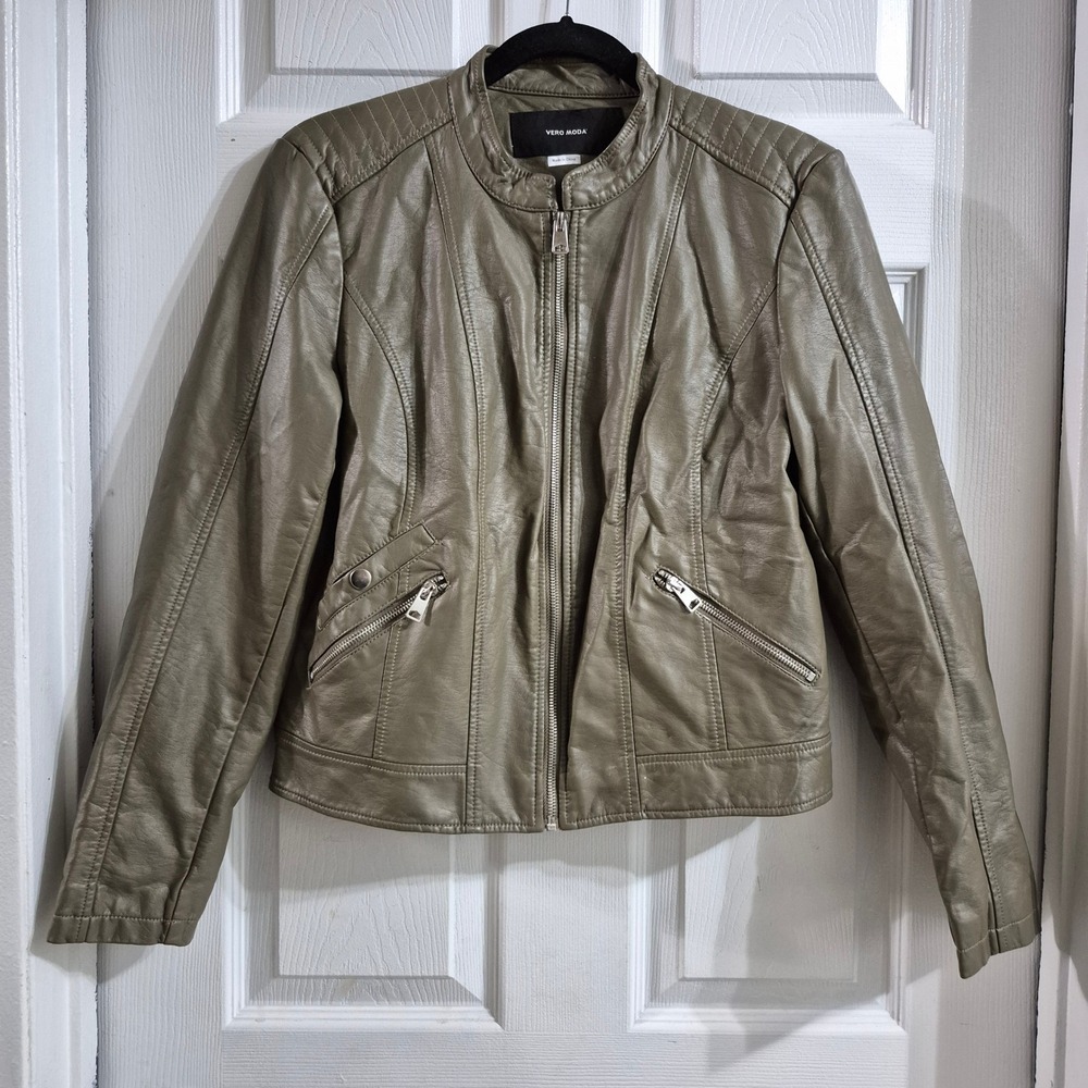 VERO MODA Women Faux Leather Moto Jacket Khaki Green Zip Front Collarless Size L